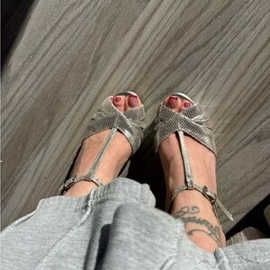 ANTONIO MELANI Metallic Silver T-Strap Heels